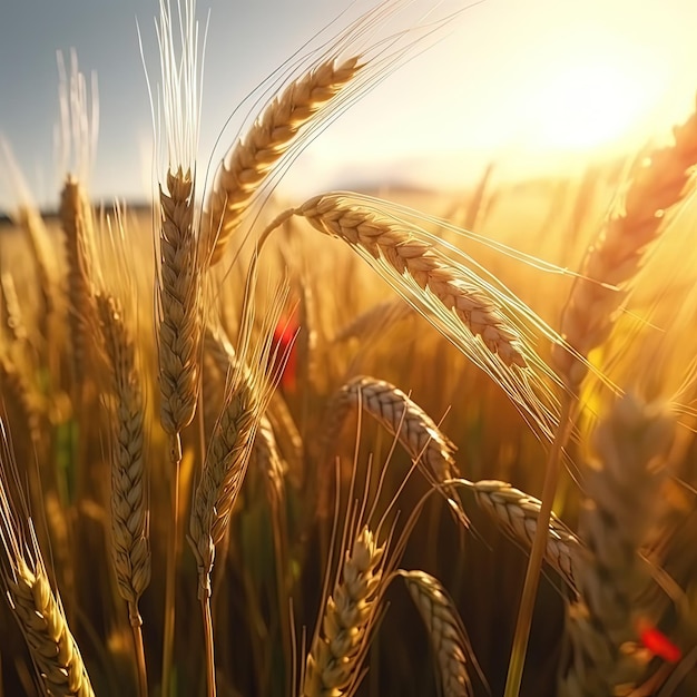 Um campo de trigo com o sol se pondo ao fundo