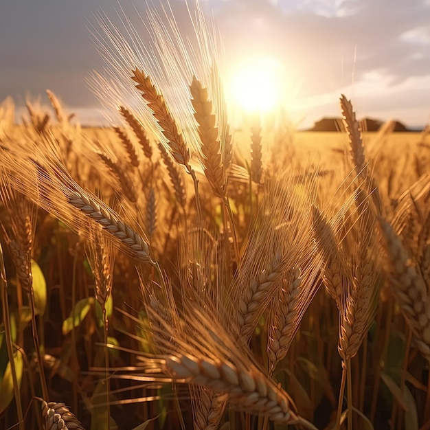 Um campo de trigo com o sol se pondo atrás dele