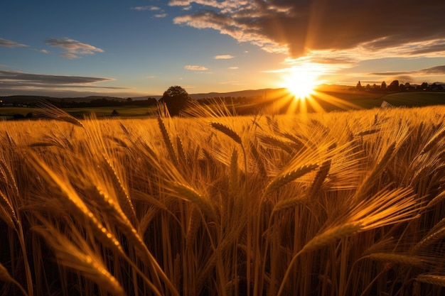 Um campo de trigo com o sol se pondo atrás dele