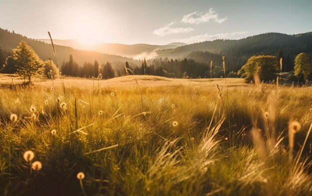 Um campo de trigo com o sol se pondo atrás dele