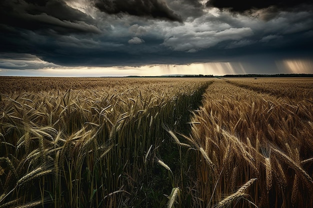 Um campo de trigo com um caminho que conduz ao horizonte.