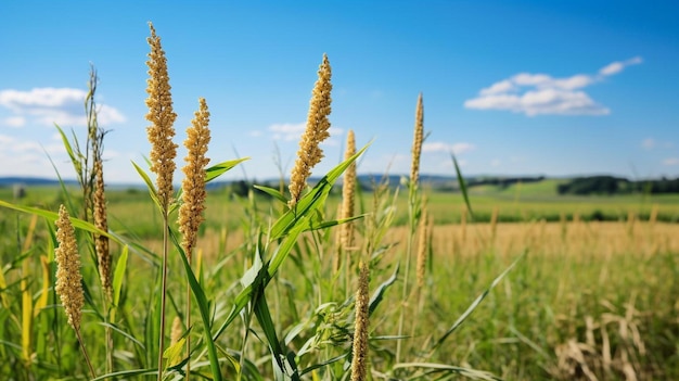 Foto um campo de trigo com um céu ao fundo