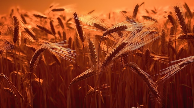 Um campo de trigo com um fundo por do sol