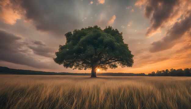 Um campo de trigo com uma árvore em primeiro plano e um pôr-do-sol no fundo