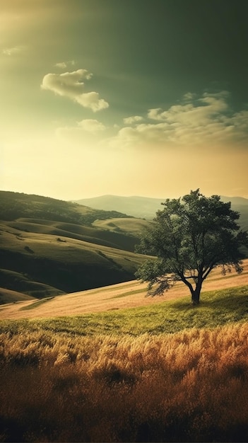 Um campo de trigo com uma árvore em primeiro plano