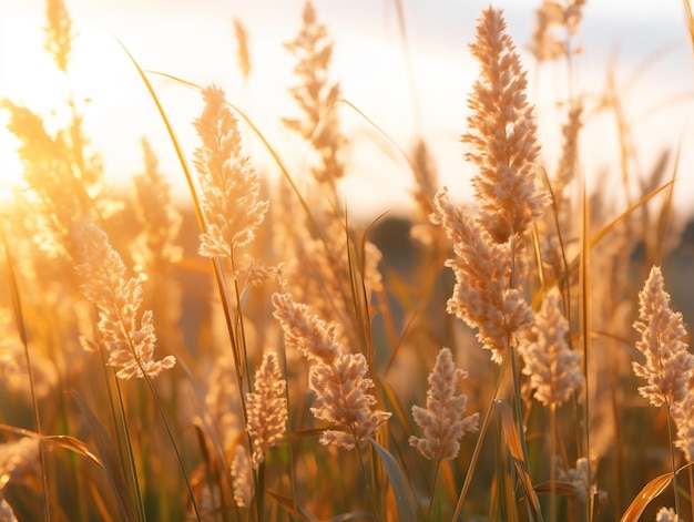 Um campo de trigo dourado brilha no pôr-do-sol no final de um dia de verão