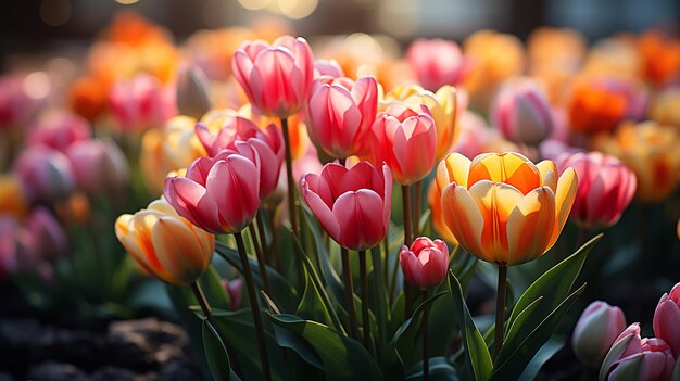 um campo de tulipas colorido com fundo de natureza com fileiras de tulipas em flor
