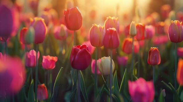 Um campo de tulipas colorido na primavera Uma cena floral vibrante