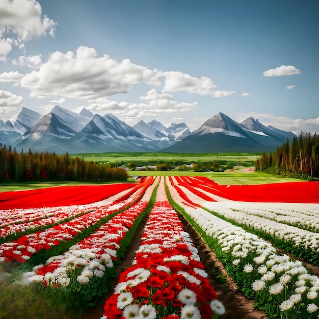 Um campo de tulipas com montanhas ao fundo