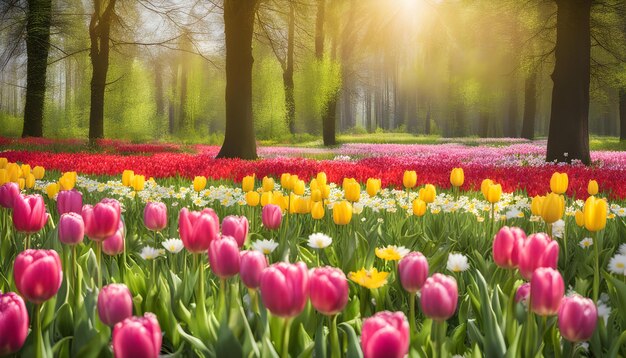 um campo de tulipas com o sol brilhando através das árvores