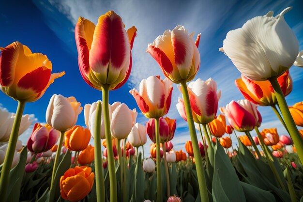 Um campo de tulipas com o sol brilhando por entre as nuvens