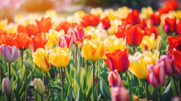 Um campo de tulipas com o sol brilhando sobre elas.
