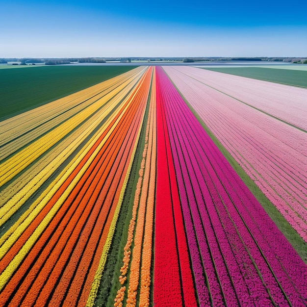 um campo de tulipas com um céu azul ao fundo