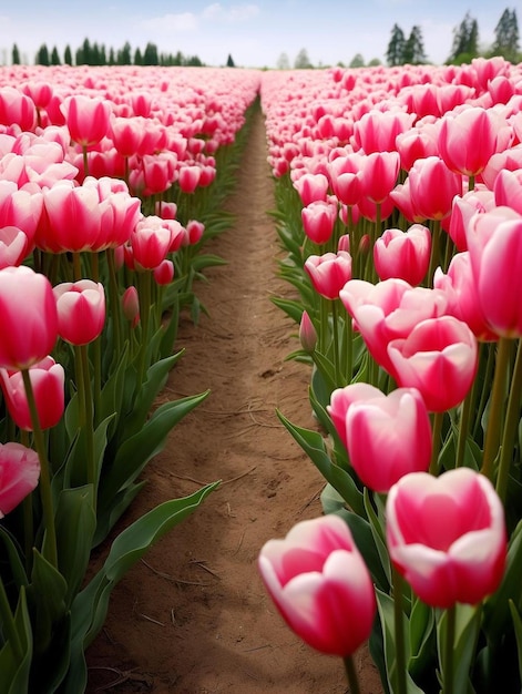 um campo de tulipas cor de rosa em um campo de tulipas cor de rosa.