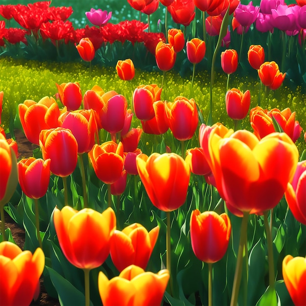 um campo de tulipas em flor em várias cores vibrantes com abelhas zumbindo em torno da luz suave da manhã