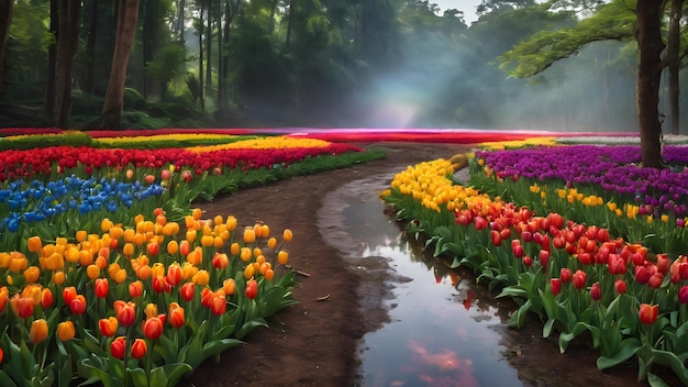 Um campo de tulipas em vários tons criando um arco-íris de cores