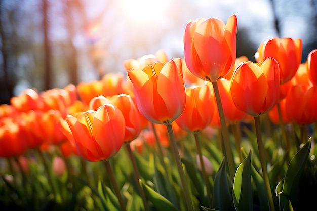 Um campo de tulipas laranjas ardentes nos raios da luz do dia brilhante do verão