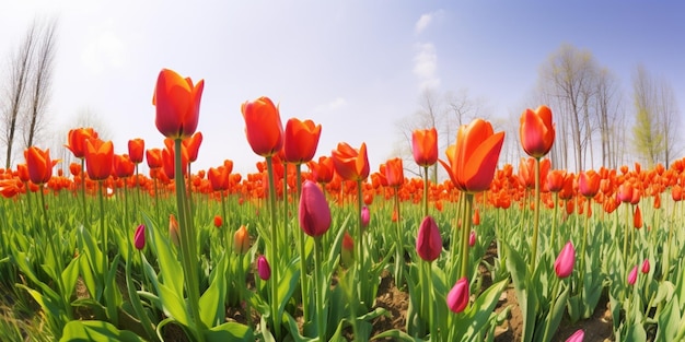 Um campo de tulipas vermelhas com uma árvore ao fundo