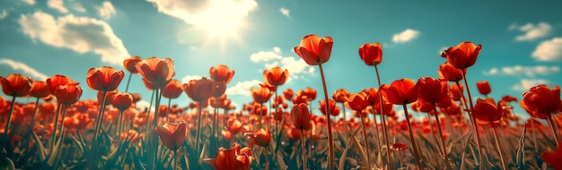 Um campo de tulipas vermelhas vibrantes sob um céu azul ensolarado