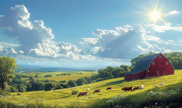 Foto um campo de vacas pastando em um dia ensolarado