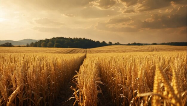 um campo dourado de arroz com um pôr-do-sol no fundo