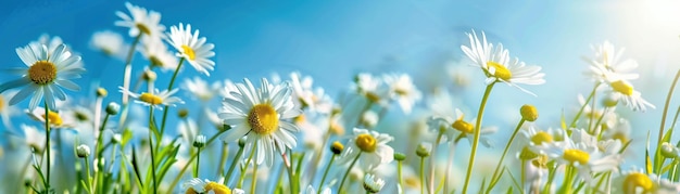 Um campo exuberante de margaridas brancas com centros amarelos vibrantes brilhando ao sol