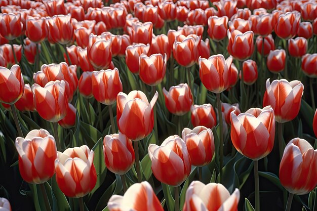 Foto um campo florescente de gloriosas tulipas vermelhas e brancas captura a beleza da primavera