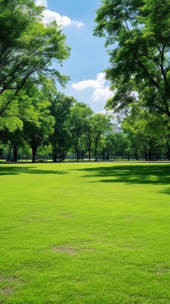 um campo gramado com árvores ao fundo