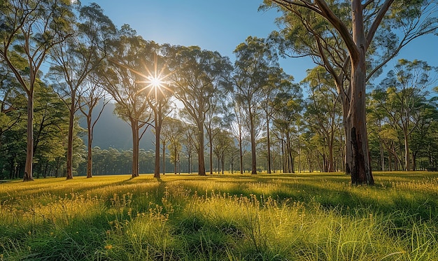 um campo iluminado pelo sol com árvores ao fundo