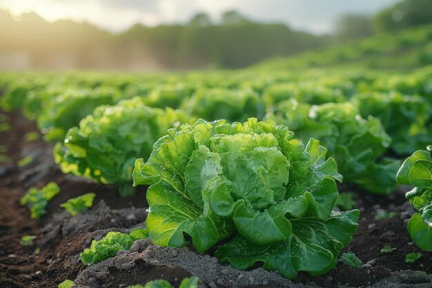 um campo onde está crescendo alface romana fresca