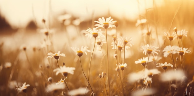 Um campo primaveril de margaridas e camomilas com um fundo desfocado e uma bela luz dourada uma paisagem de verão e primavera IA generativa