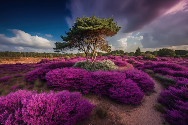 Um campo roxo de flores com uma árvore em primeiro plano