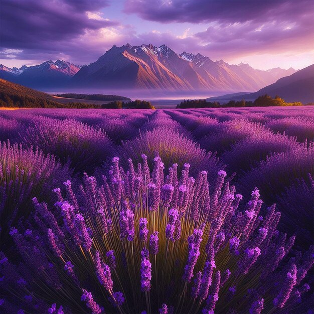 Foto um campo roxo de flores de lavanda com montanhas ao fundo