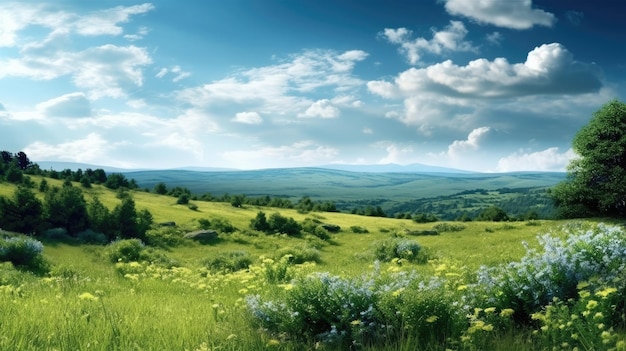 um campo verde com arbustos e árvores