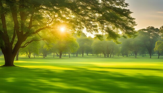 Foto um campo verde com árvores e o sol a pôr-se atrás deles