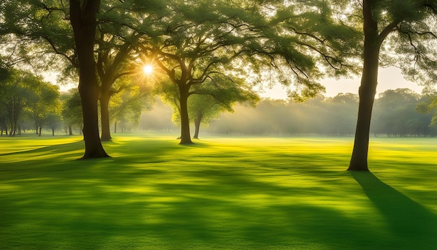 um campo verde com árvores e o sol brilhando através das árvores