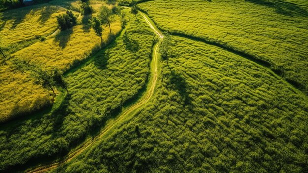 Um campo verde com árvores e uma estrada Generative AI Art