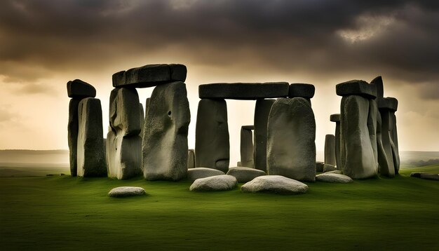 Foto um campo verde com stonehenge no fundo