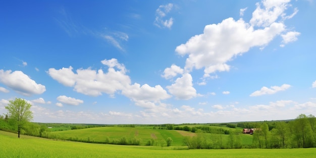 Um campo verde com um céu azul e nuvens