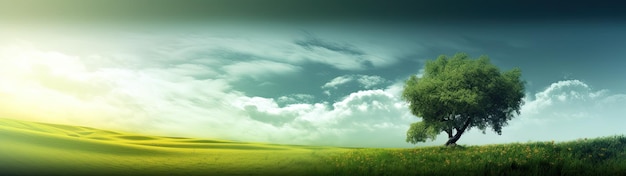 Um campo verde com um céu azul e nuvens