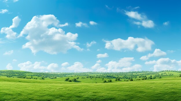 um campo verde com um céu azul e nuvens