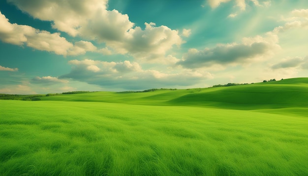 Foto um campo verde com um céu e nuvens