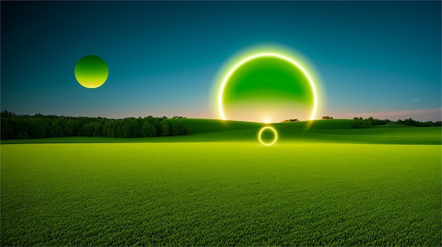Um campo verde com um planeta e o sol