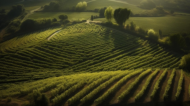 Um campo verde com uma árvore ao fundo