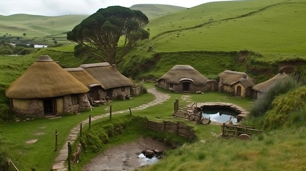 Um campo verde com uma casa e um lago no meio