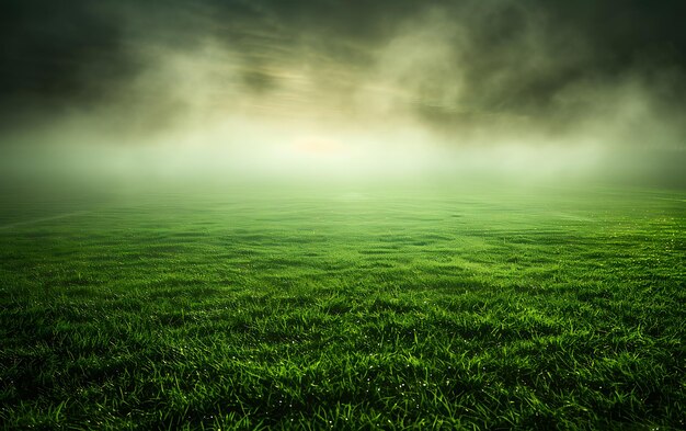 Foto um campo verde com uma luz brilhando através das nuvens