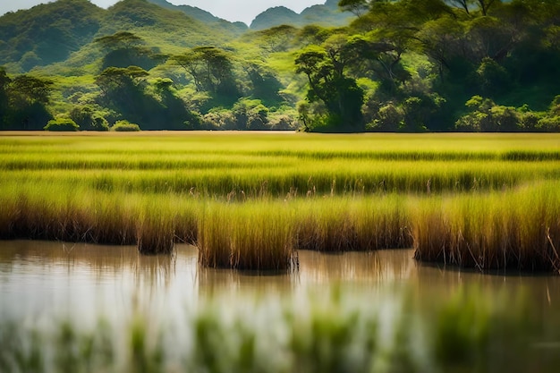 Foto um campo verde com uma montanha ao fundo