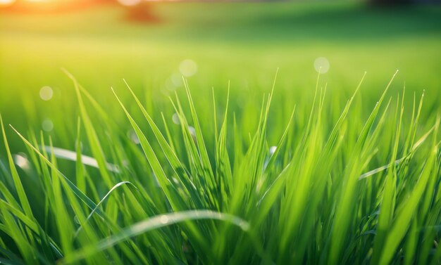 Foto um campo verde de grama com o sol a pôr-se atrás dele