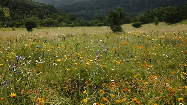 Um campo verde e exuberante de flores silvestres se estende à distância com um fundo de colinas onduladas e um céu tempestuoso