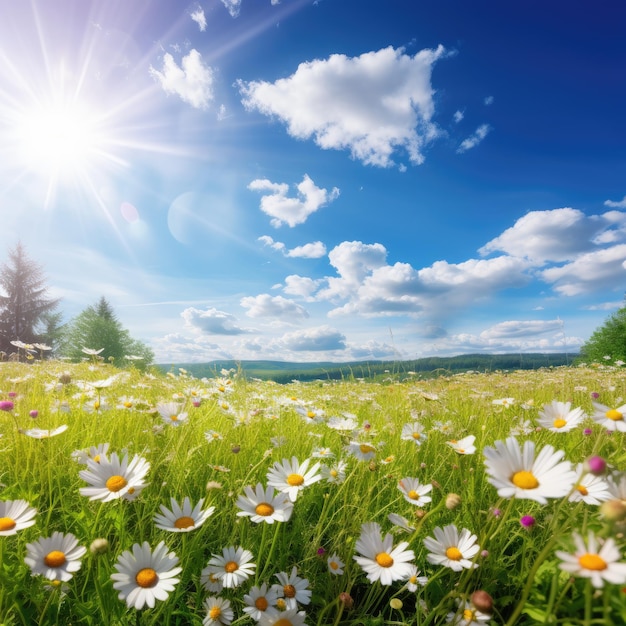 Um campo verde em flor com margaridas brancas sobre um céu azul com nuvens